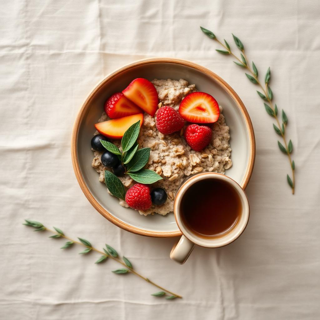 A warm breakfast bowl with fresh fruit and herbal tea
