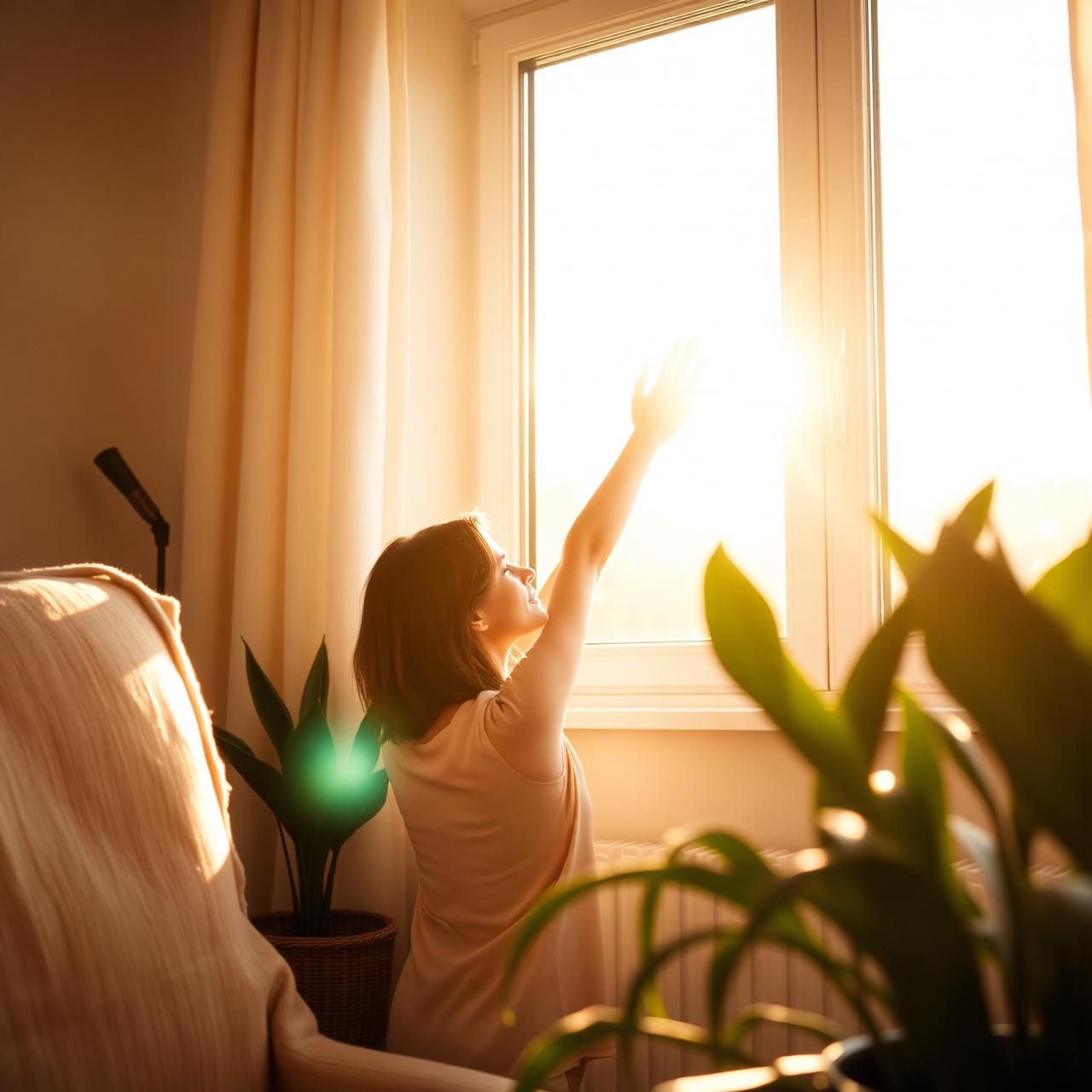 A woman stretching by a sunlit window, welcoming the morning